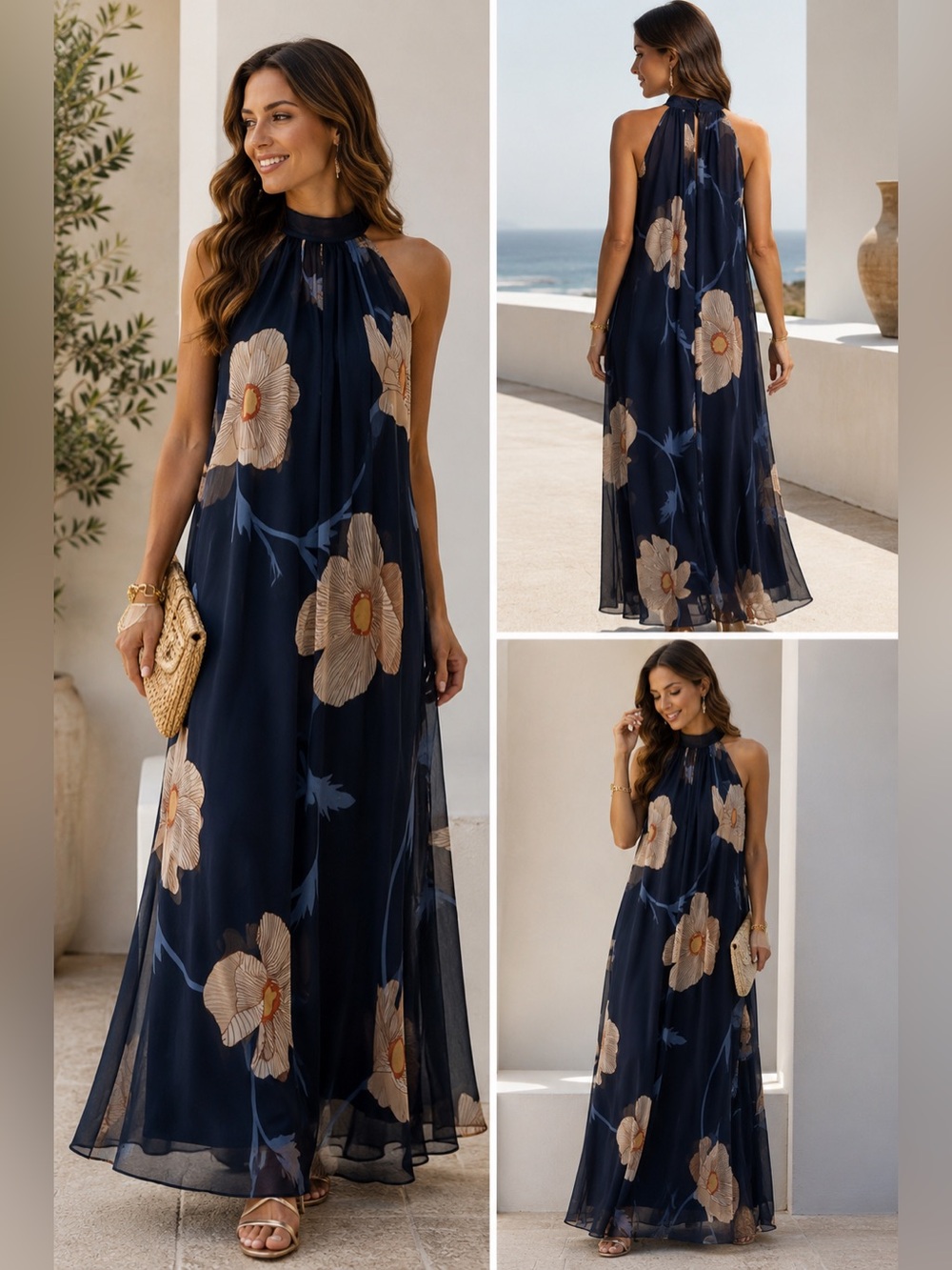 Bellambra Made in Italy Silk Blend Floral Halter Maxi Dress Navy Sand L NWT